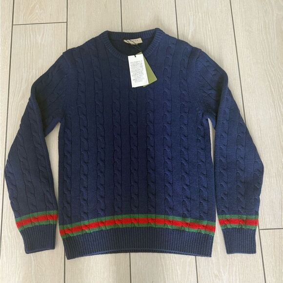 Brand new Gucci Navy Cable Knit Sweater with Red and Green Accents - Picture 1 of 4